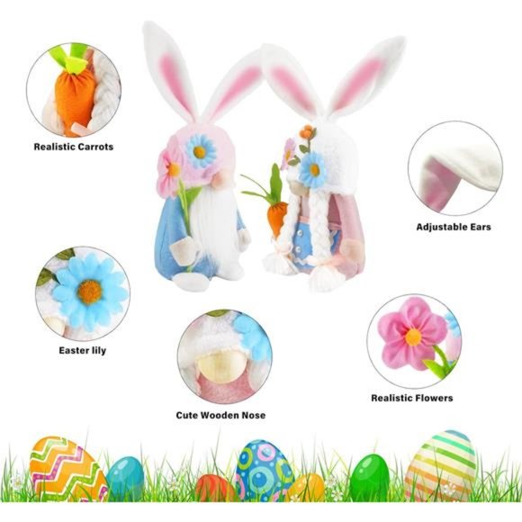 Easter Bunny Gnomes Plush Decor Spring Pink Rabbit Decorations for Home 2 Pack - Picture 3 of 8